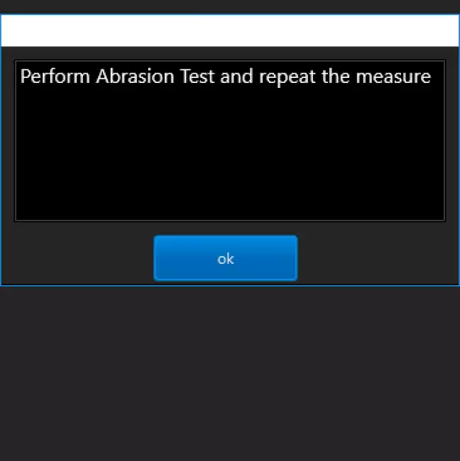 software density: 密度計用ソフトウェア。摩耗試験用オプション摩耗試験結果が不適合であった場合のメッセージ。