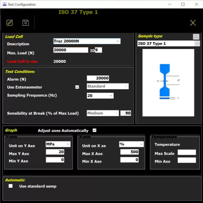 software tensile tester: ダイナモメーターソフトウェア。ロードセル、試験片の種類、グラフ設定の選択のための試験手順の設定ページ。
