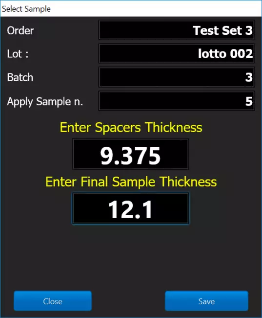 software compression set: Compression set software: thickness entry page.