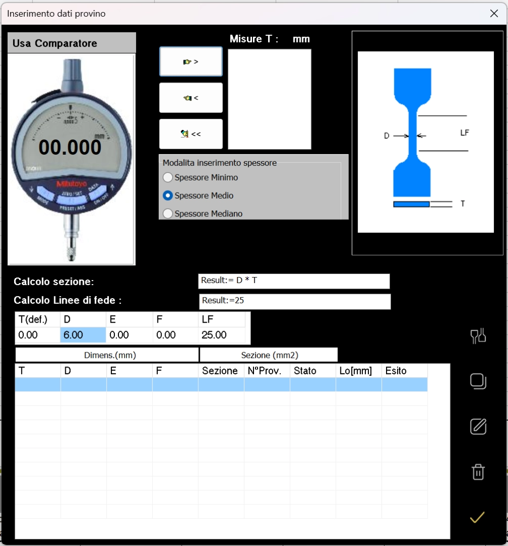 software tensile tester: Tensor-Checkソフトウェア。測定器に接続された厚み測定器を介して、試料の平均厚みを自動的に入力するページ。ソフトウェアは試料の種類に基づいて試料の断面を自動的に計算します。