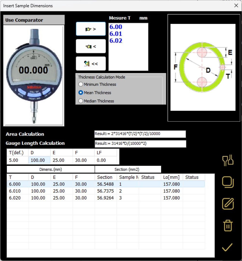 software tensile tester: Tensor-Checkソフトウェア。接続された比較器を介して厚さを入力し、使用中の試験片の種類に基づいて抵抗断面積を計算するソフトウェアのページ。