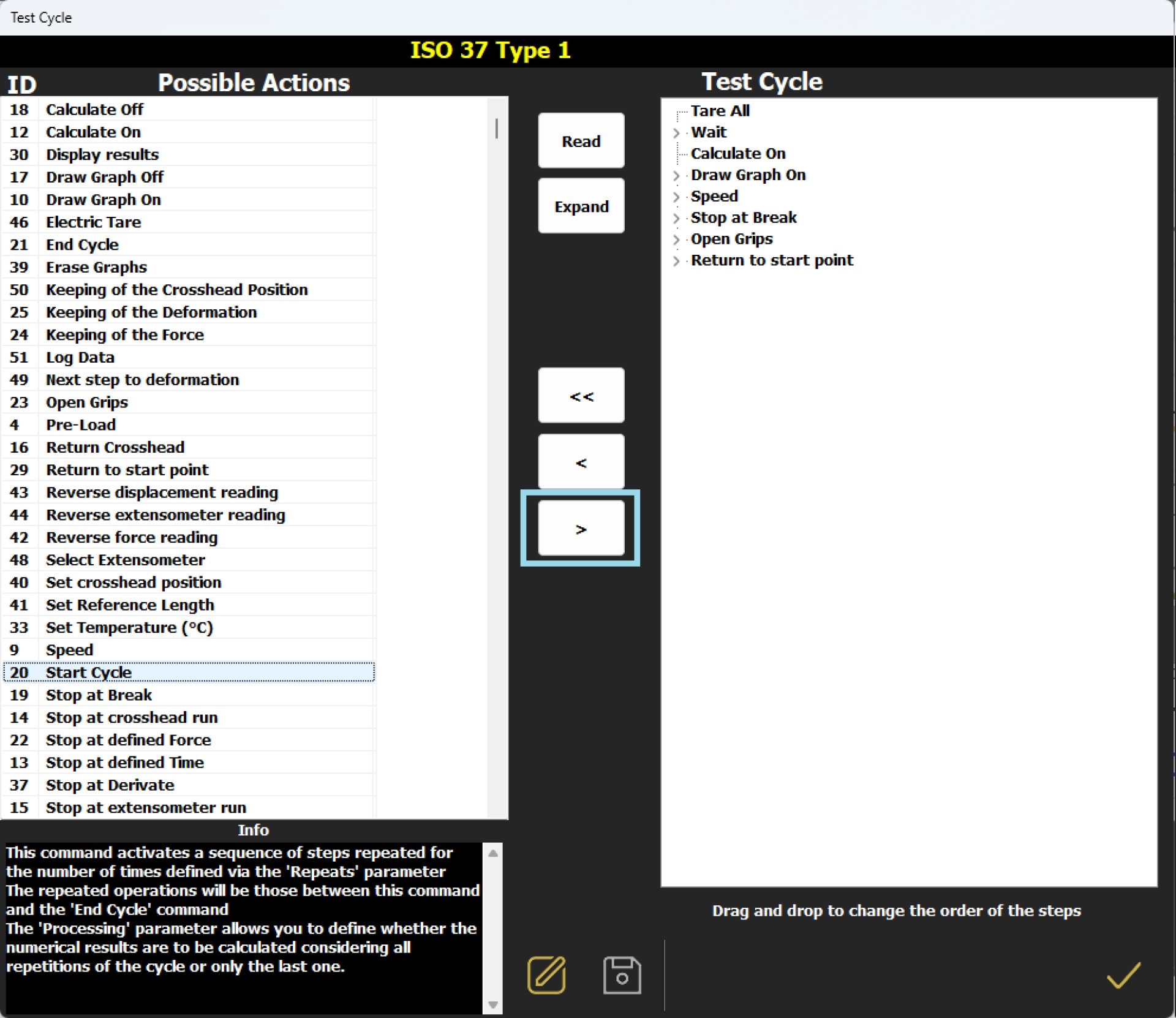 software tensile tester: Tensor-Check ダイナモメータ: ソフトウェア。テストサイクルの設定ページ。