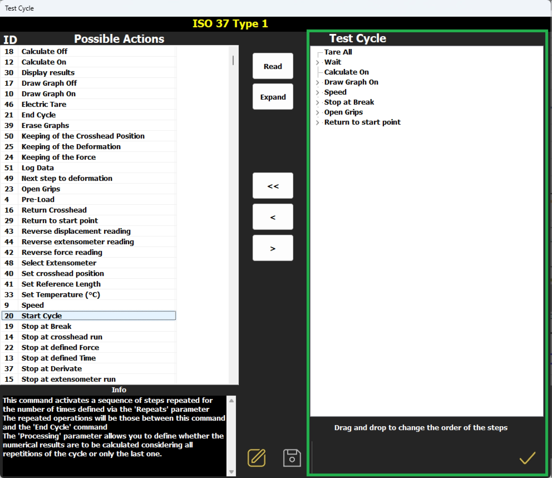 software tensile tester: Tensor-Check ダイナモメータ: ソフトウェア。カスタムテストサイクルの設定ページ。