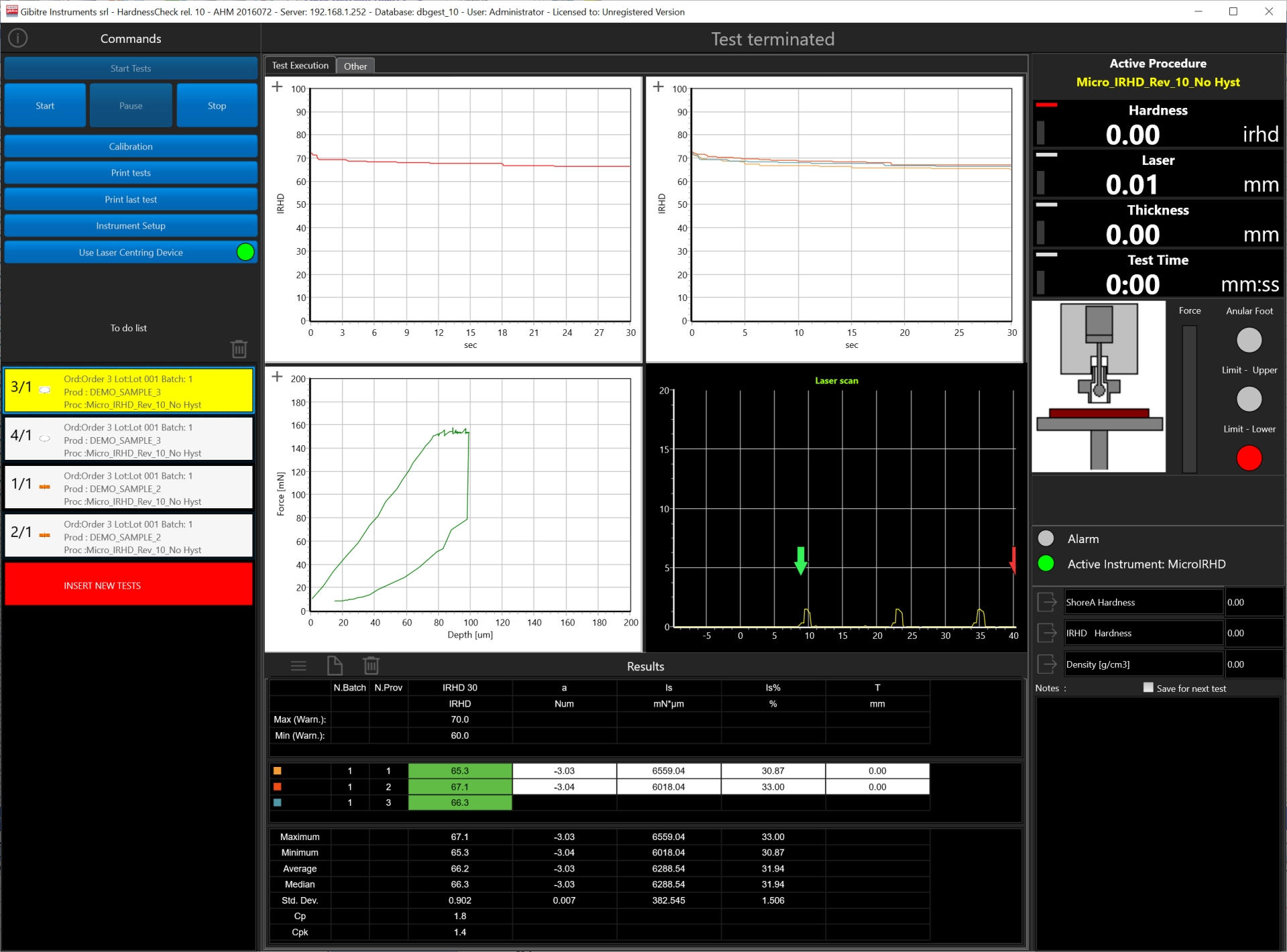: Gibitreソフトウェア。硬さ試験機をテストするためのHardness-Checkプログラム。テスト結果や統計情報を含むメインプログラムのページ。