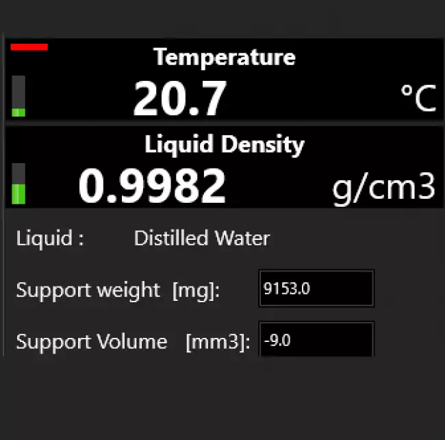 software density: Gibitreソフトウェア。Density-Check装置用制御ソフトウェア。基準液密度を自動補正する温度測定の詳細。
